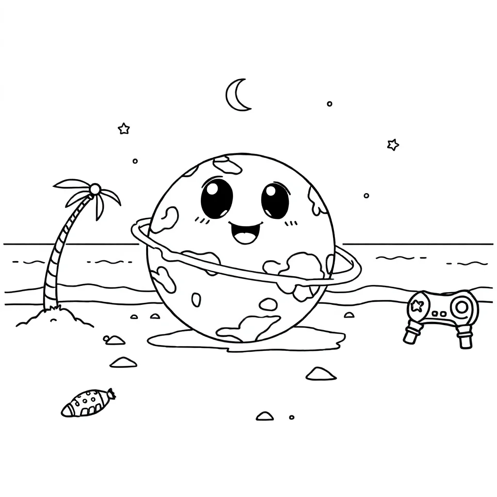 Planets a cute planet on the beach — classic planets coloring page (ages 5–10)