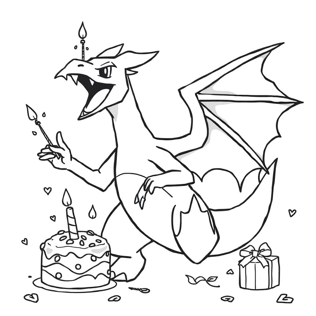 Pokemon a charizard pokemon with wings celebrating a birthday — classic pokemon coloring page (ages 5–10)