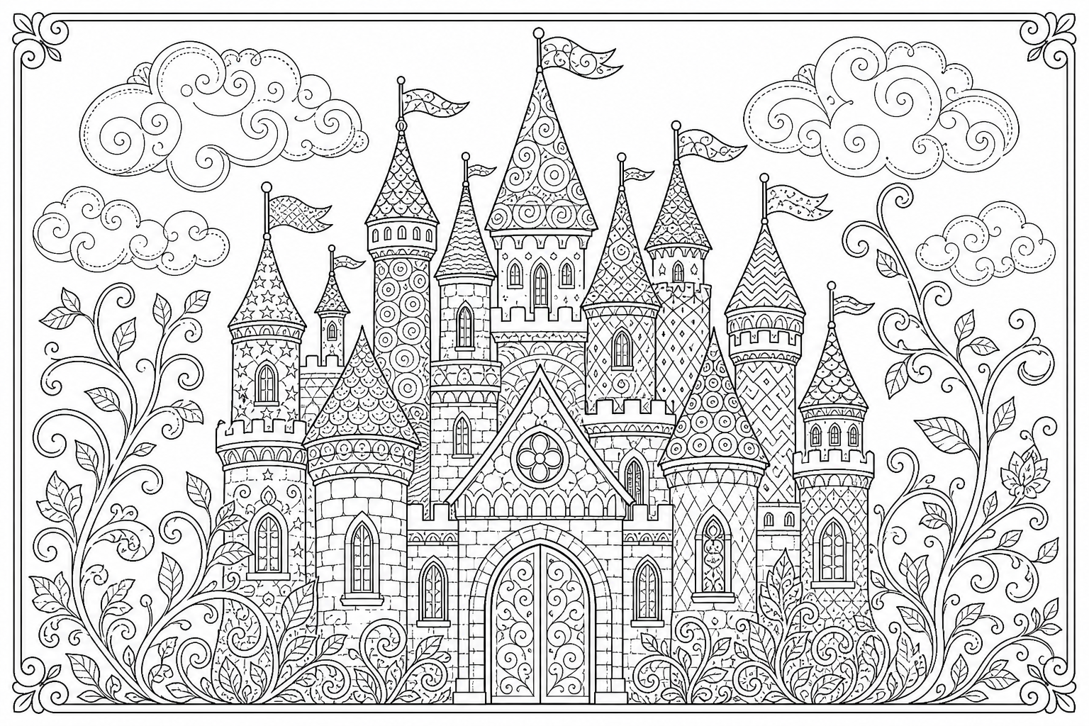 Princesses castle tangle — detailed princesses coloring page (ages 9+ & adults)