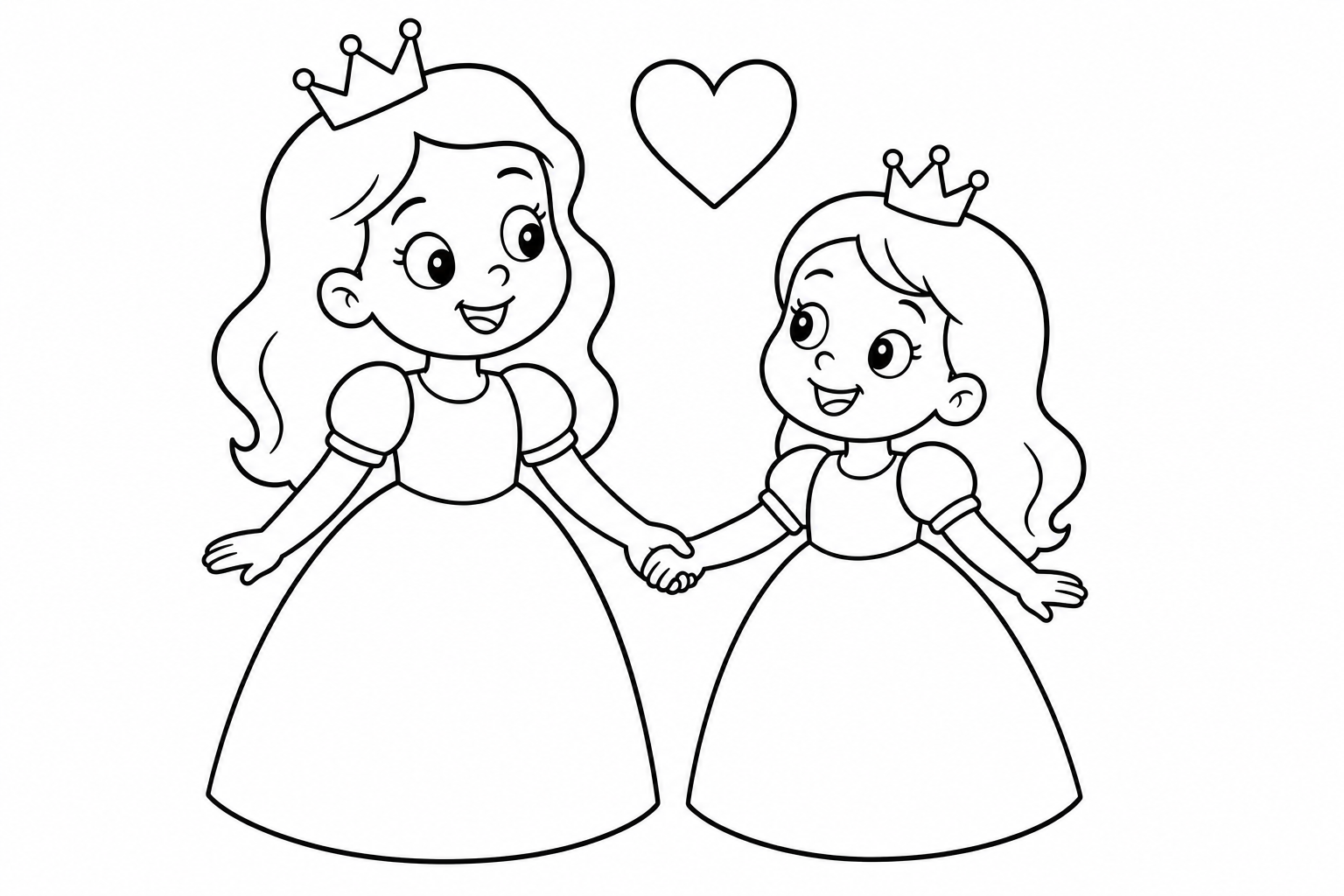 Princesses two sisters — easy princesses coloring page (ages 2–5)