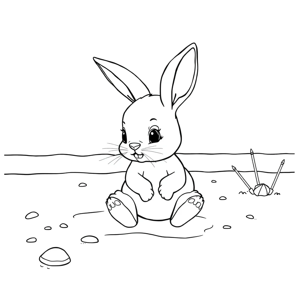 Rabbits a baby bunny on the beach — classic rabbits coloring page (ages 5–10)