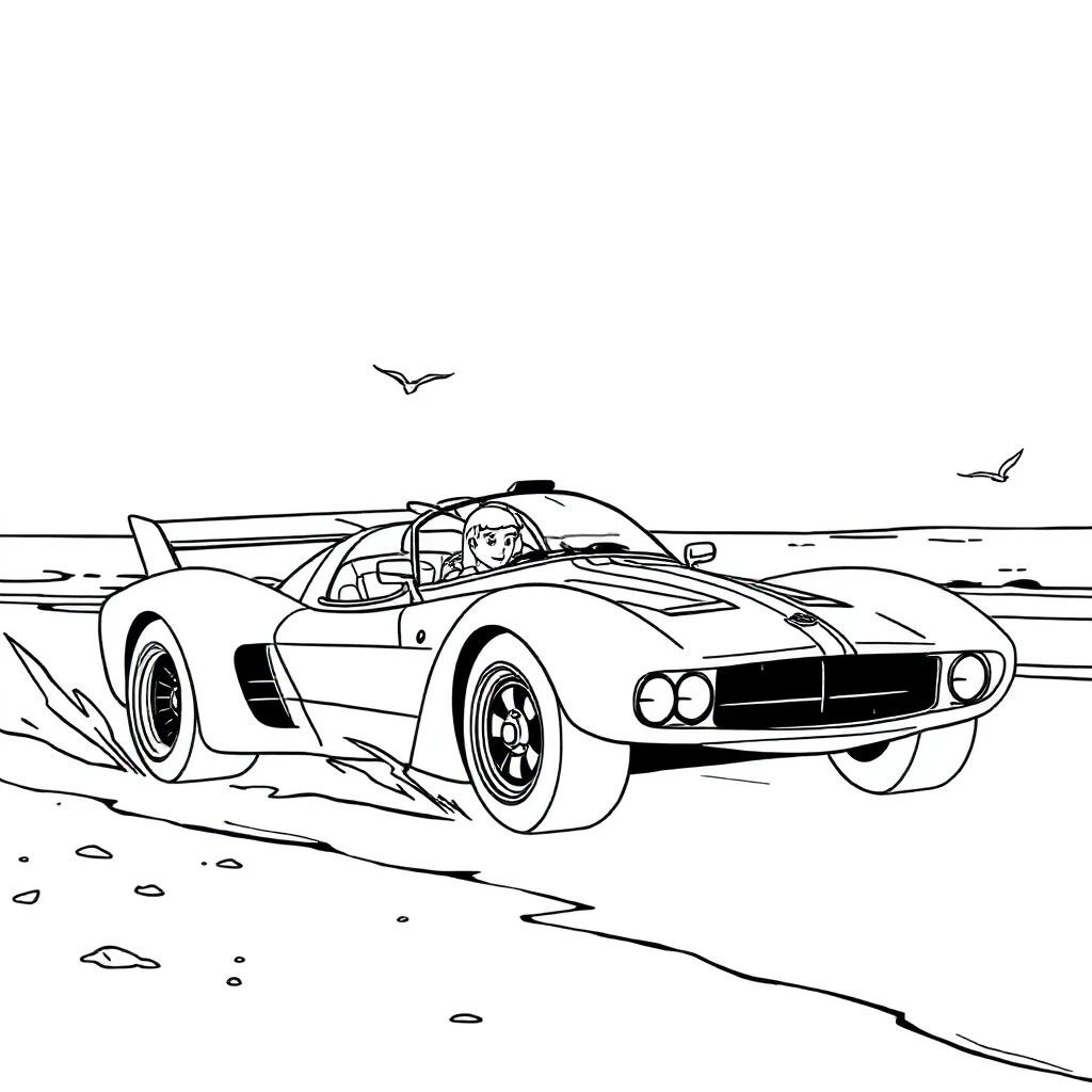 Race cars a fast race car on the beach — classic race cars coloring page (ages 5–10)