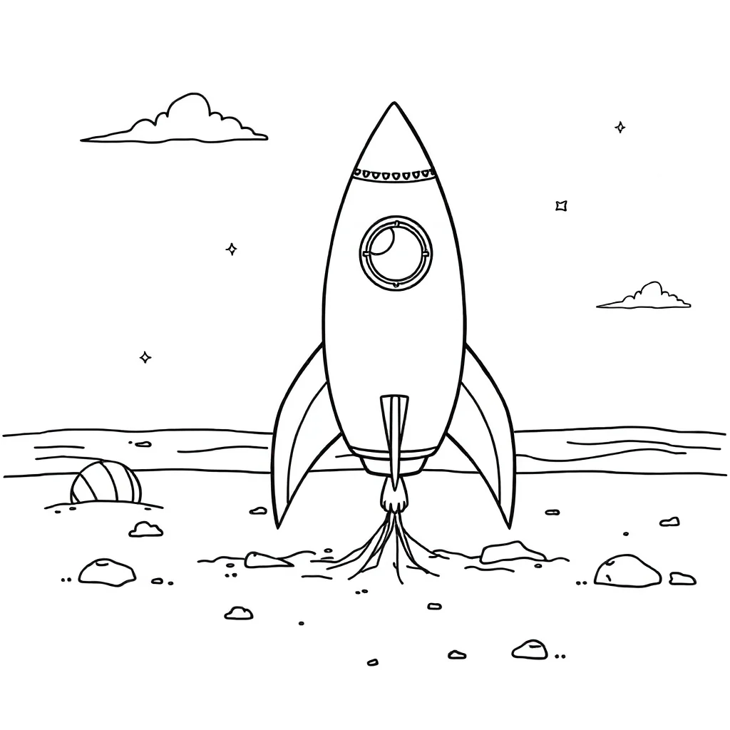 Rockets a cute rocket on the beach — classic rockets coloring page (ages 5–10)