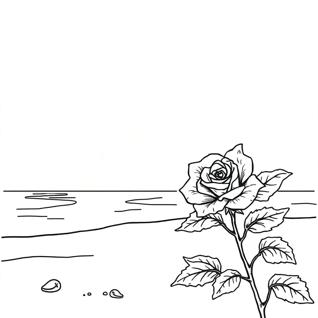 Roses a blooming rose on the beach — classic roses coloring page (ages 5–10)