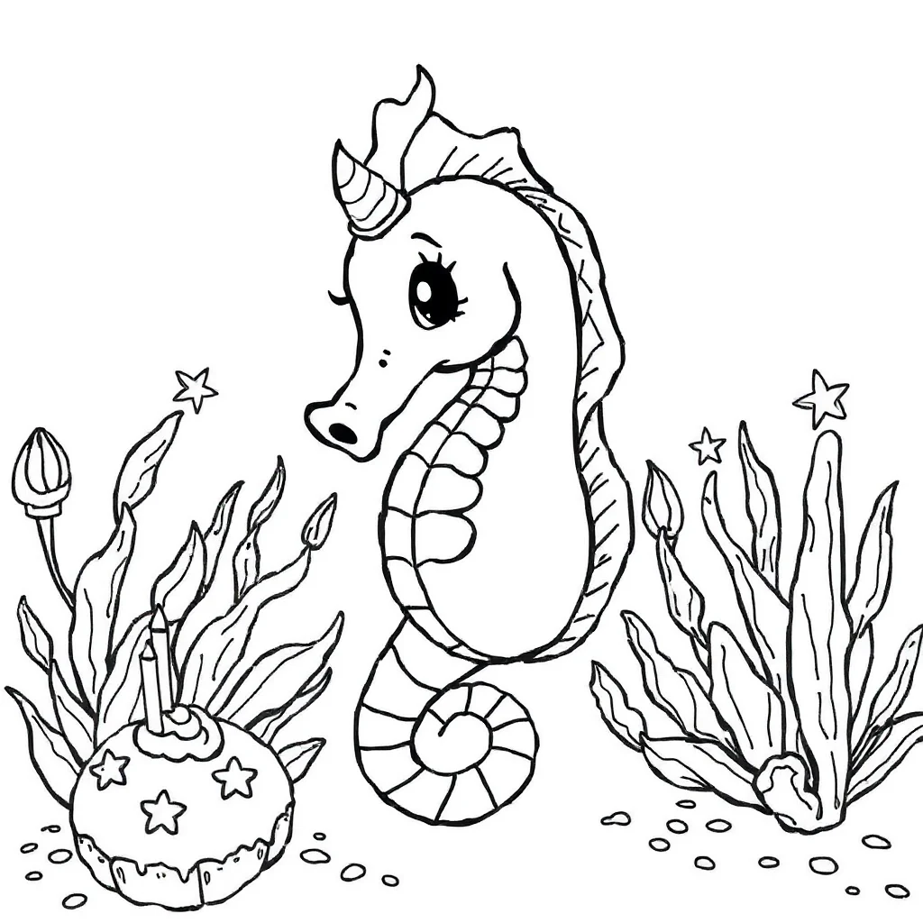 Seahorses a cute seahorse celebrating a birthday — classic seahorses coloring page (ages 5–10)