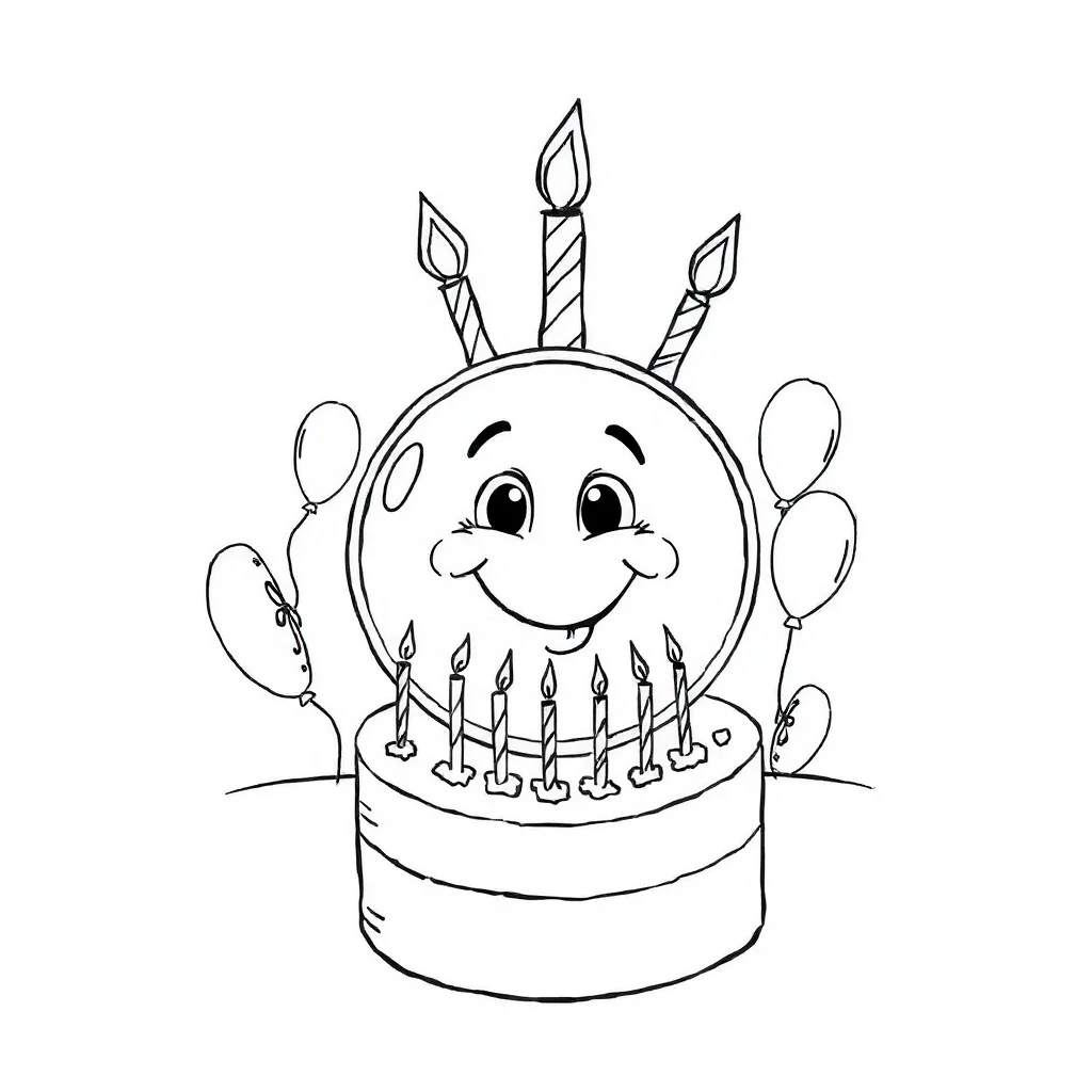 Shapes a circle with a face celebrating a birthday — classic shapes coloring page (ages 5–10)
