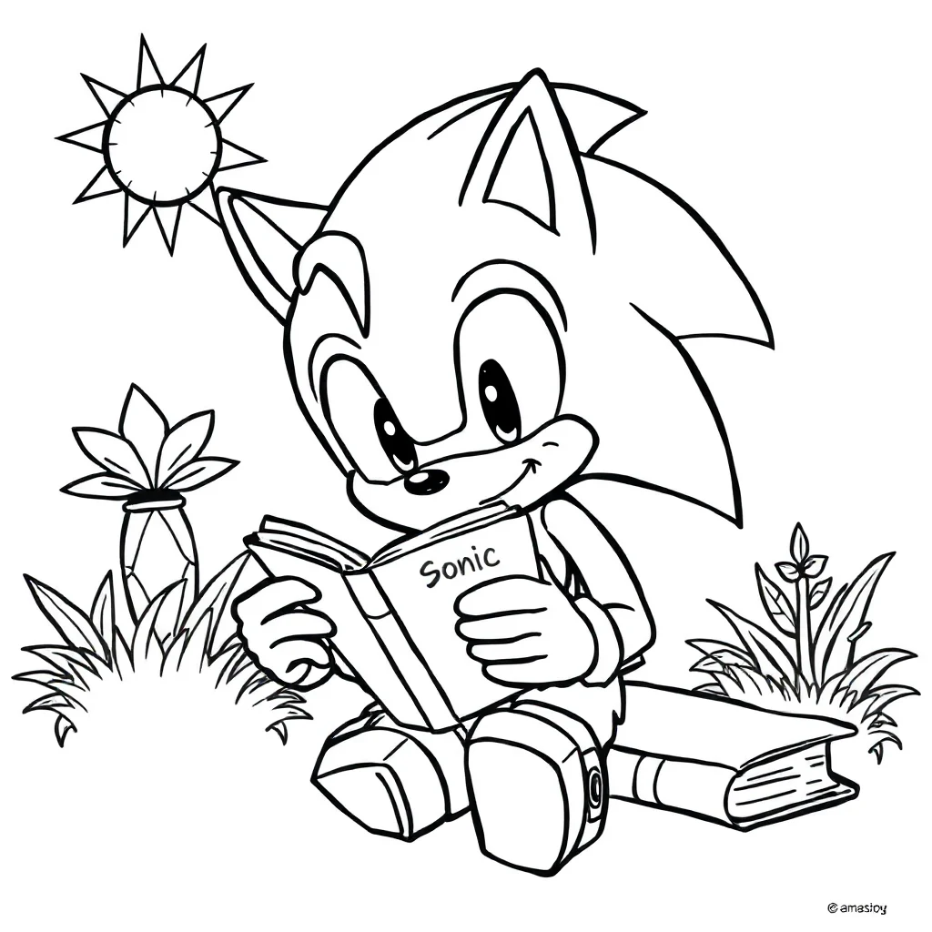 Sonic a cute chibi sonic the hedgehog reading a book — classic sonic coloring page (ages 5–10)