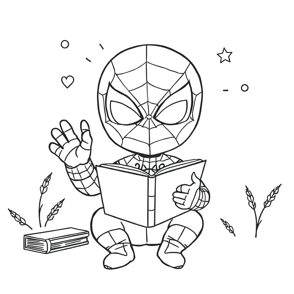 Spiderman a cute chibi spider man waving reading a book — classic spider-man coloring page (ages 5–10)