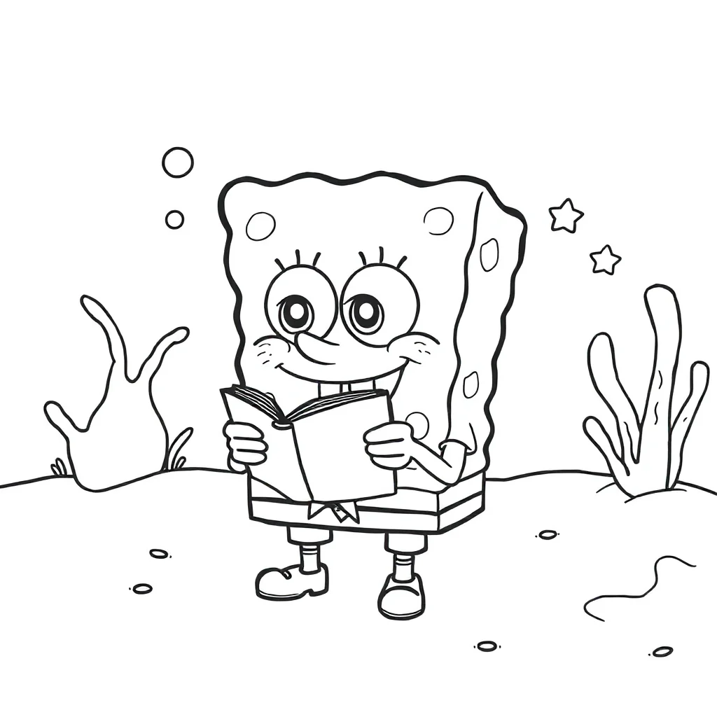 Spongebob a cute chibi spongebob reading a book — classic spongebob coloring page (ages 5–10)