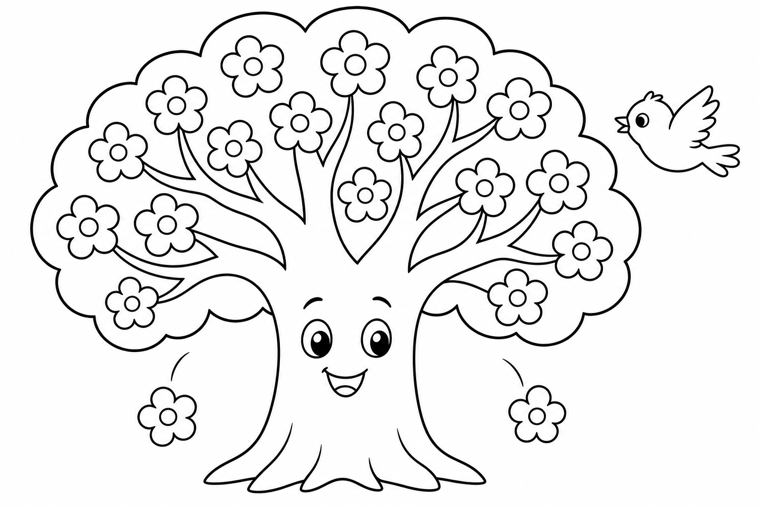 Spring blooming tree — easy spring coloring page (ages 2–5)