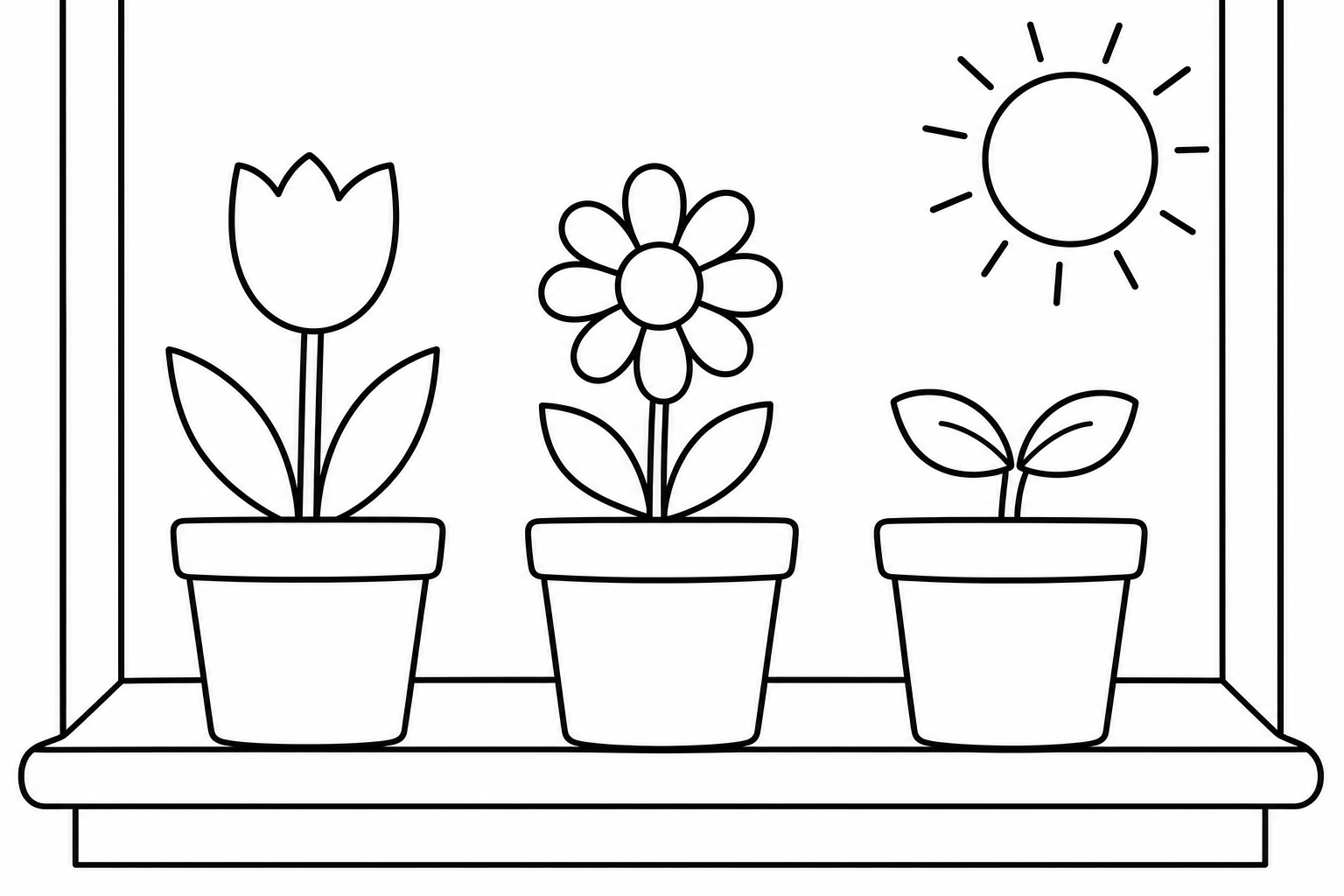 Spring flower pots — easy spring coloring page (ages 2–5)