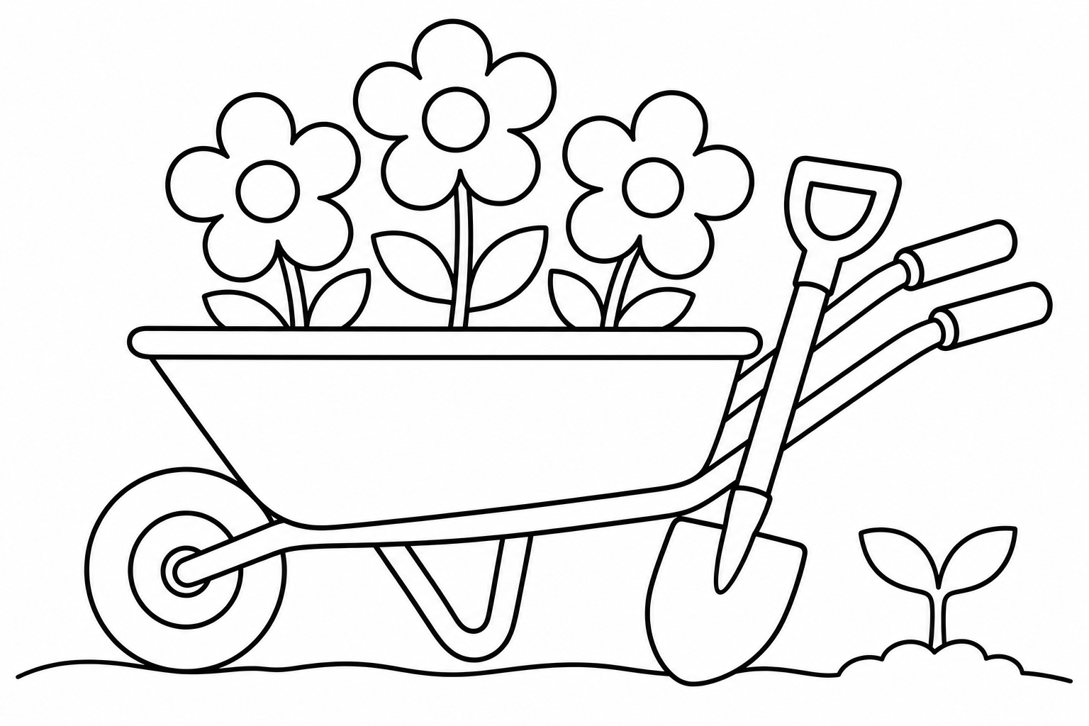 Spring wheelbarrow — easy spring coloring page (ages 2–5)