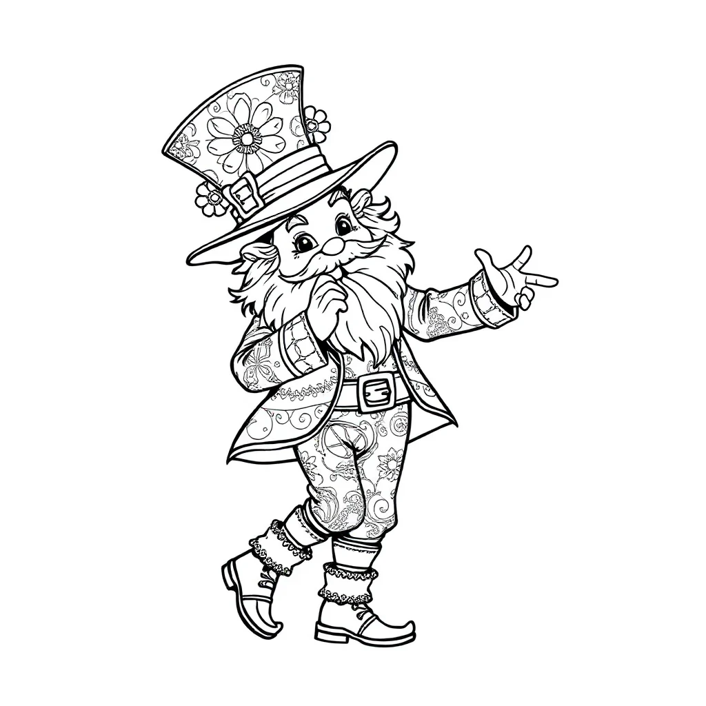 St patricks day a cute leprechaun dancing — detailed st. patrick's day coloring page (ages 9+ & adults)