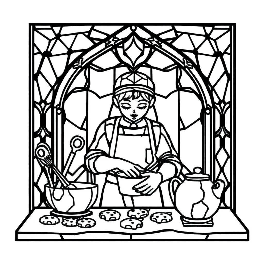 Stained glass a geometric stained glass baking cookies — classic stained glass coloring page (ages 5–10)