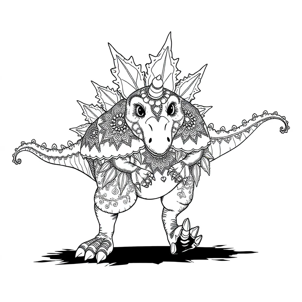 Stegosaurus a baby stegosaurus dancing — detailed stegosaurus coloring page (ages 9+ & adults)