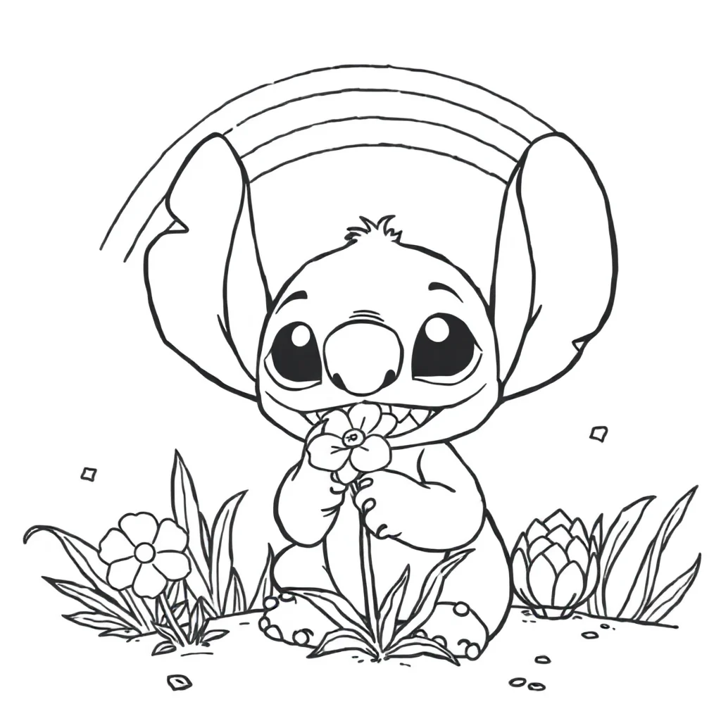 Stitch a chibi stitch with a flower under a rainbow — classic stitch coloring page (ages 5–10)