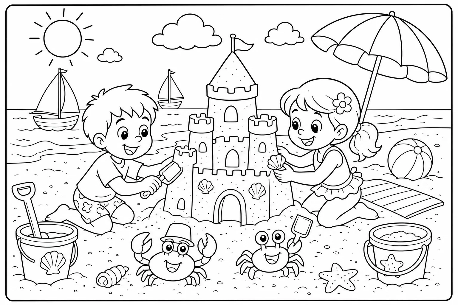 Summer sandcastle — classic summer coloring page