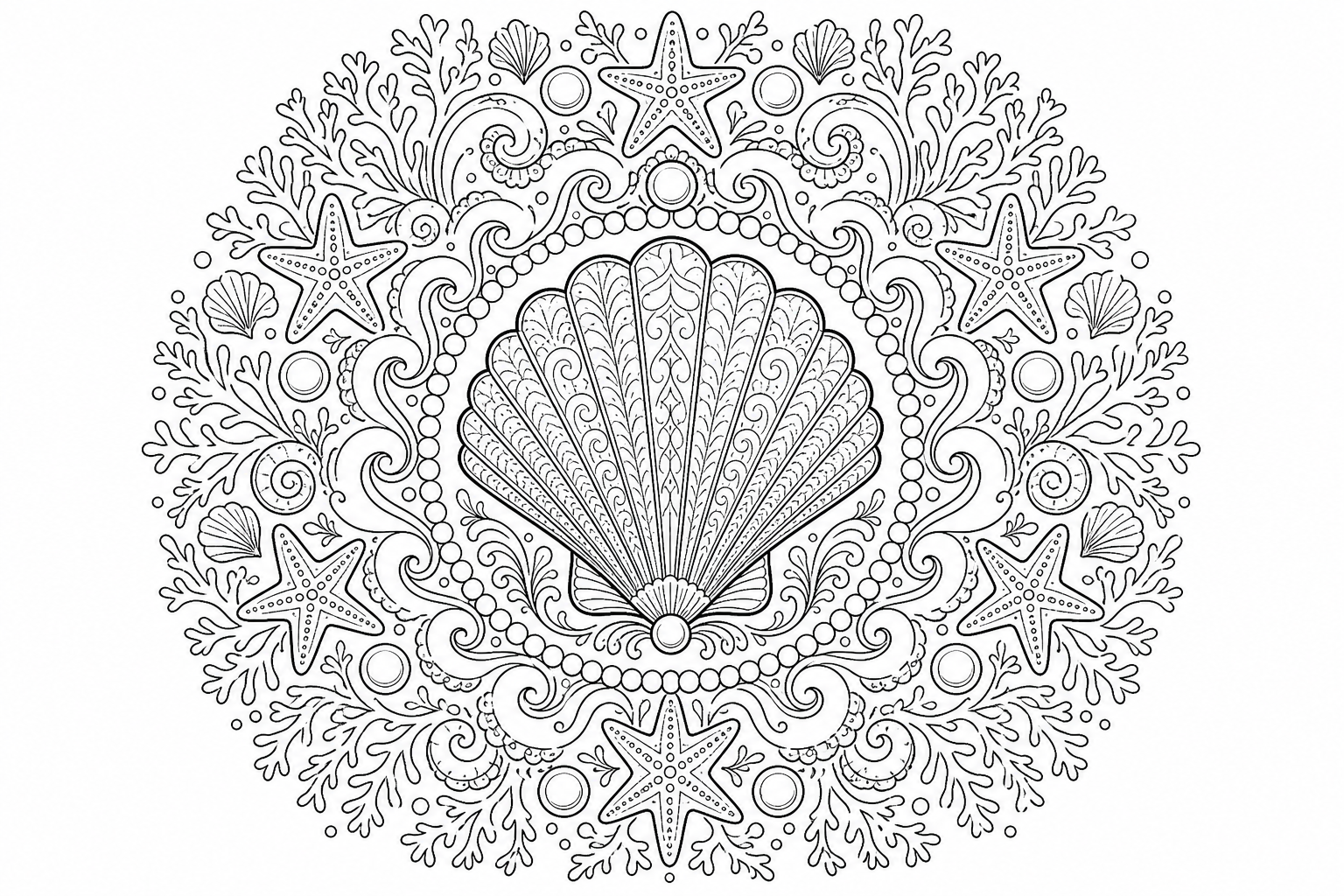 Summer shell mandala — detailed summer coloring page (ages 9+ & adults)
