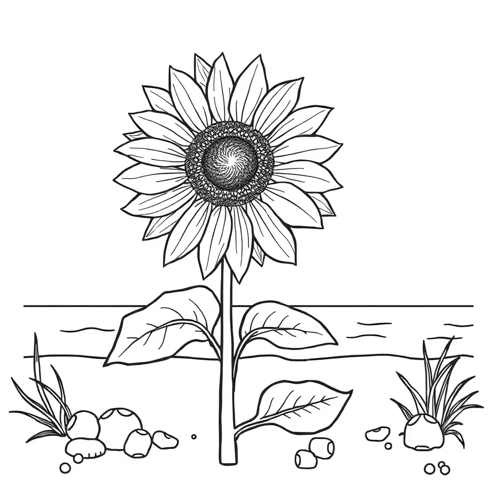 Sunflowers a blooming sunflower on the beach — classic sunflowers coloring page (ages 5–10)