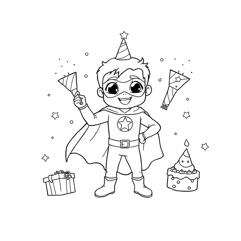 Superheroes a cute superhero with a cape celebrating a birthday — classic superheroes coloring page (ages 5–10)