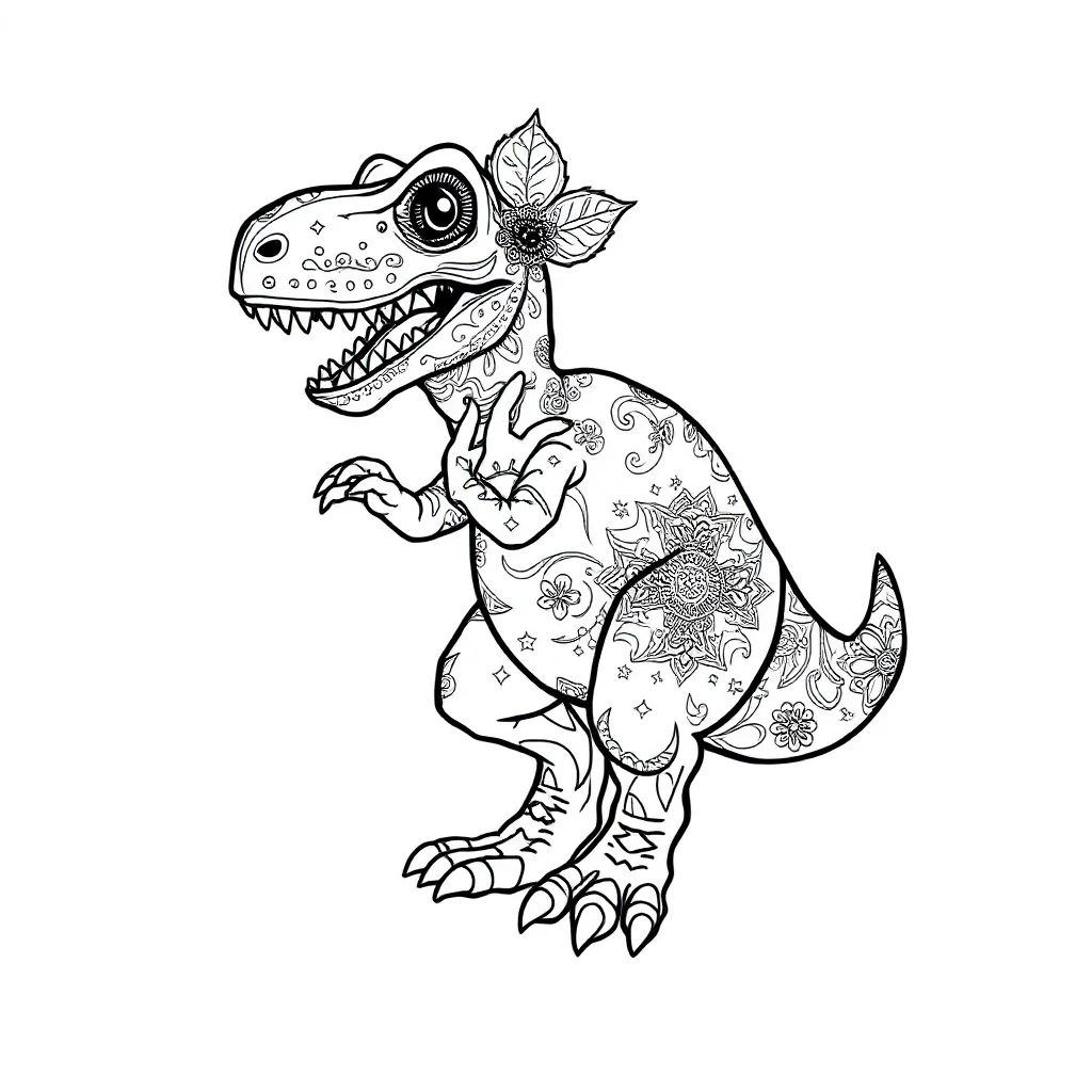 T rex a baby t rex dancing — detailed t-rex coloring page (ages 9+ & adults)