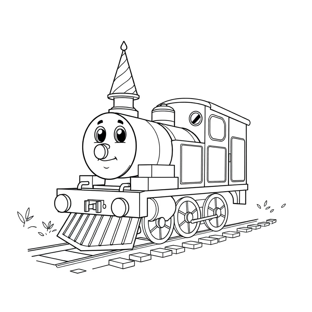 Trains a cute train engine celebrating a birthday — classic trains coloring page (ages 5–10)