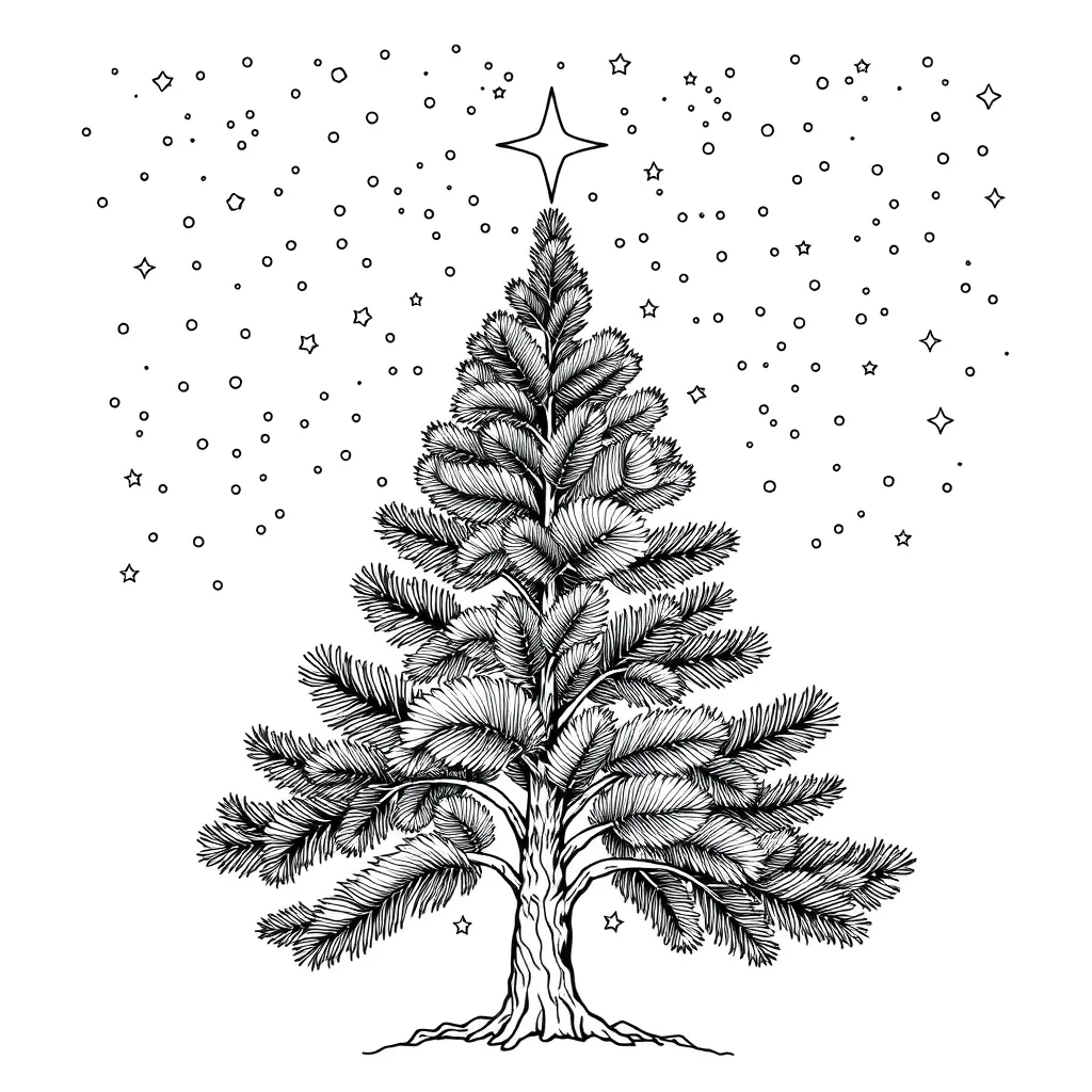 Trees a pine tree under the night sky with stars — detailed trees coloring page