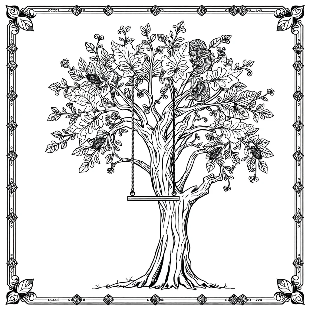 Trees a tree with a swing leaping mid air — detailed trees coloring page
