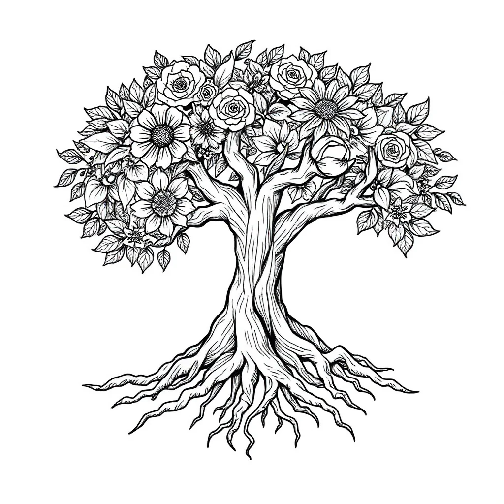 Trees a tree with roots sleeping curled up — detailed trees coloring page