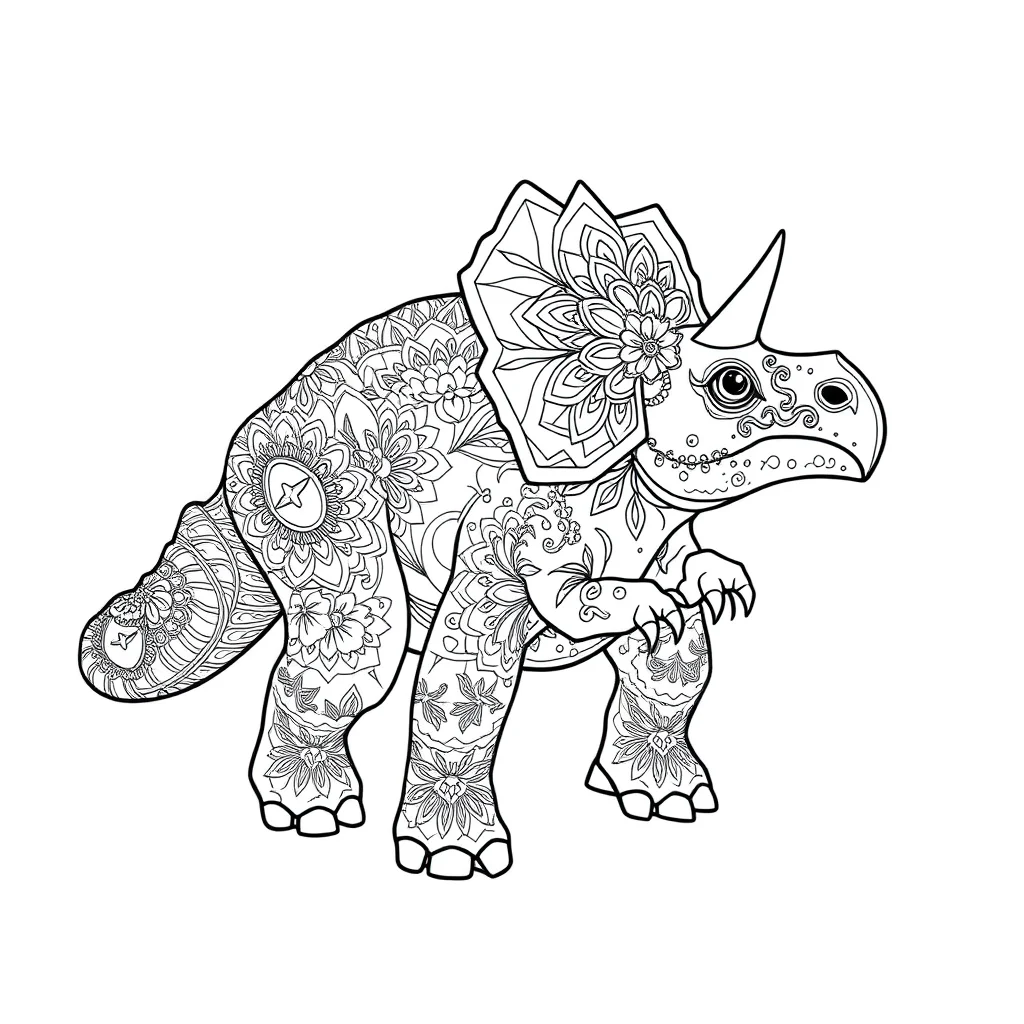Triceratops a baby triceratops dancing — detailed triceratops coloring page (ages 9+ & adults)