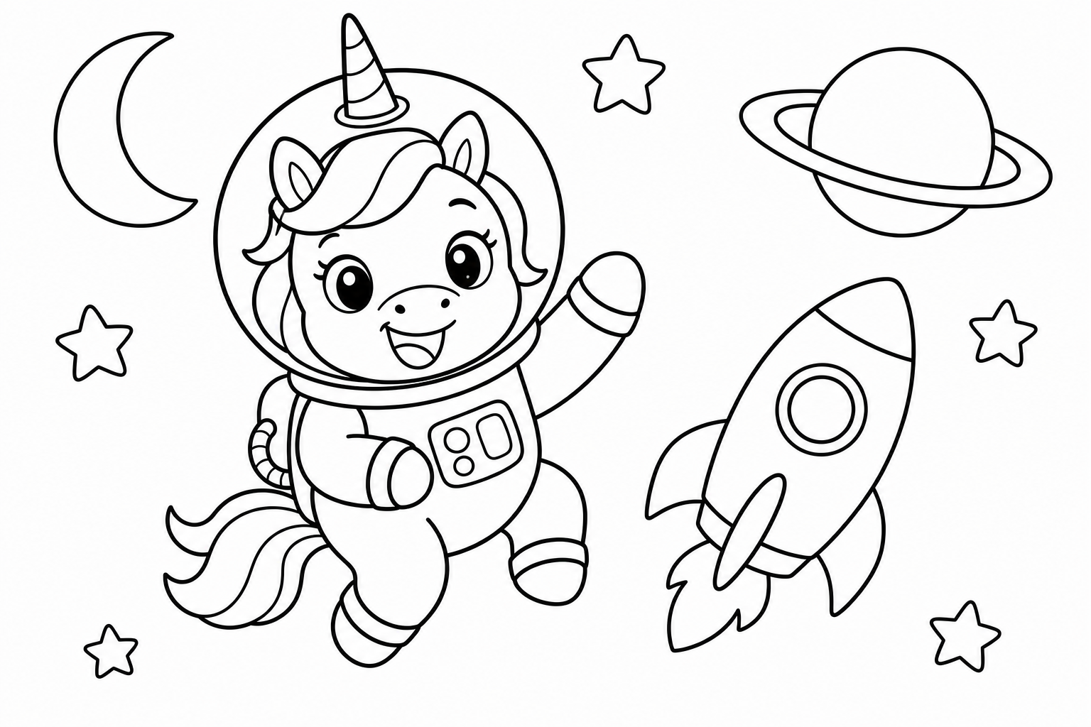 Unicorns astronaut unicorn — classic unicorns coloring page (ages 5–10)