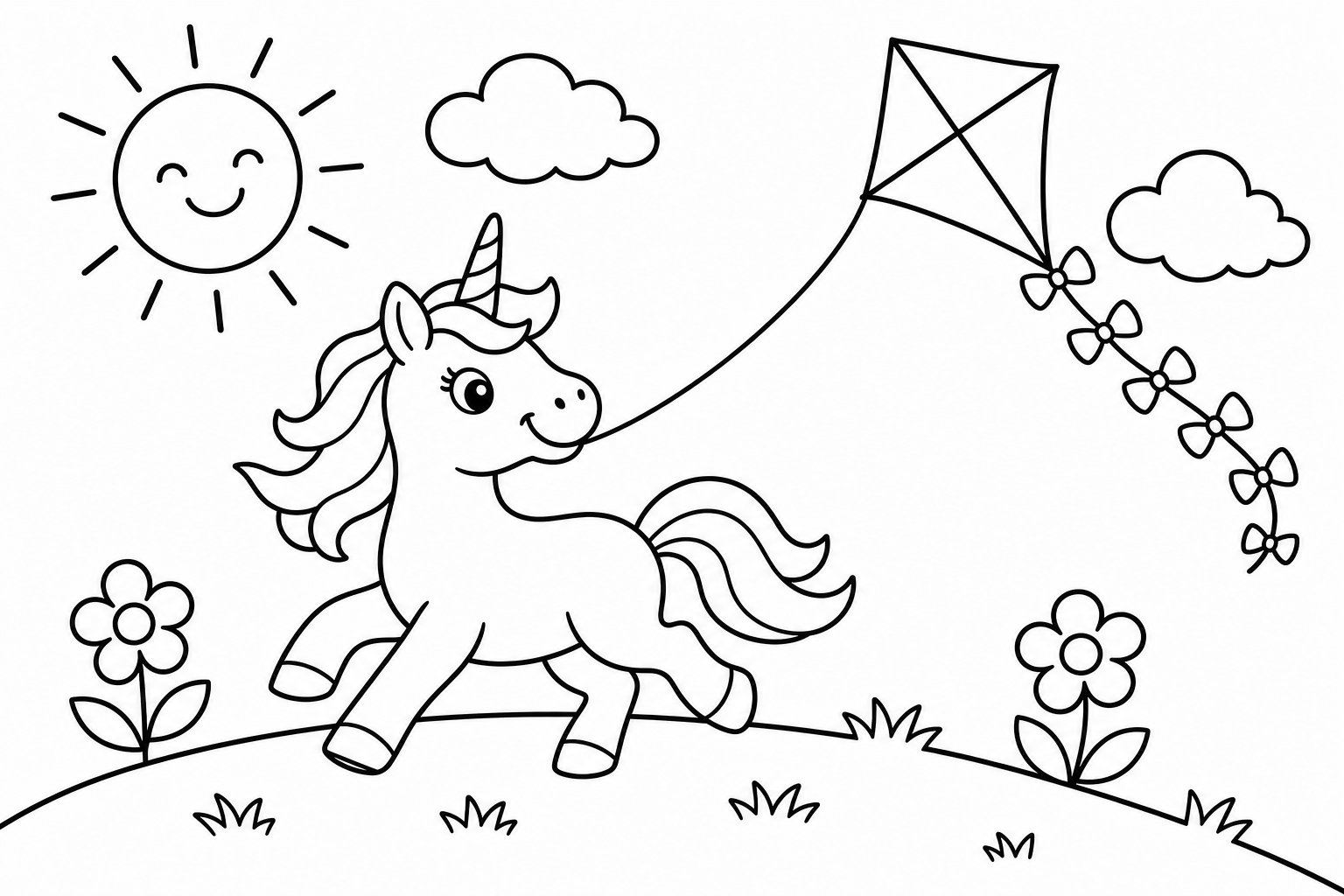 Unicorns kite unicorn — classic unicorns coloring page (ages 5–10)