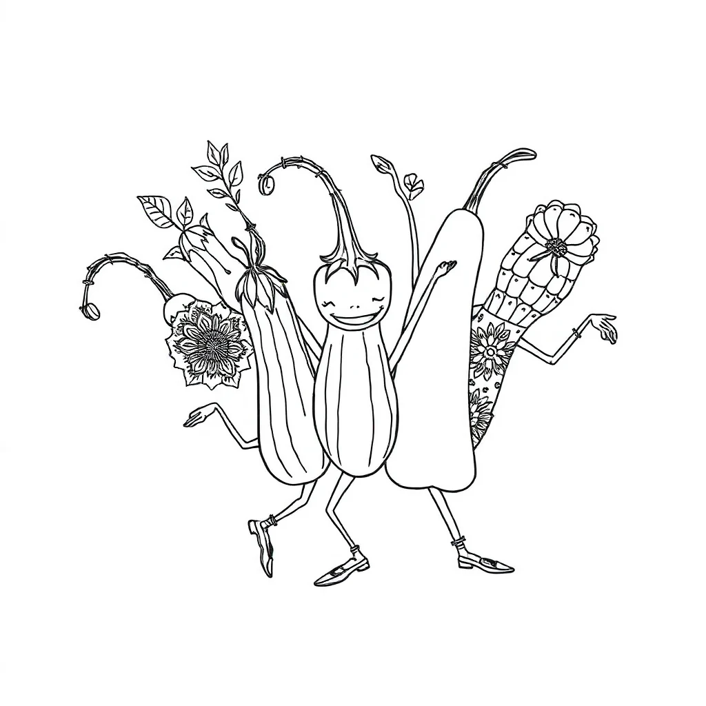 Vegetables a bunch of vegetables dancing — detailed vegetables coloring page (ages 9+ & adults)