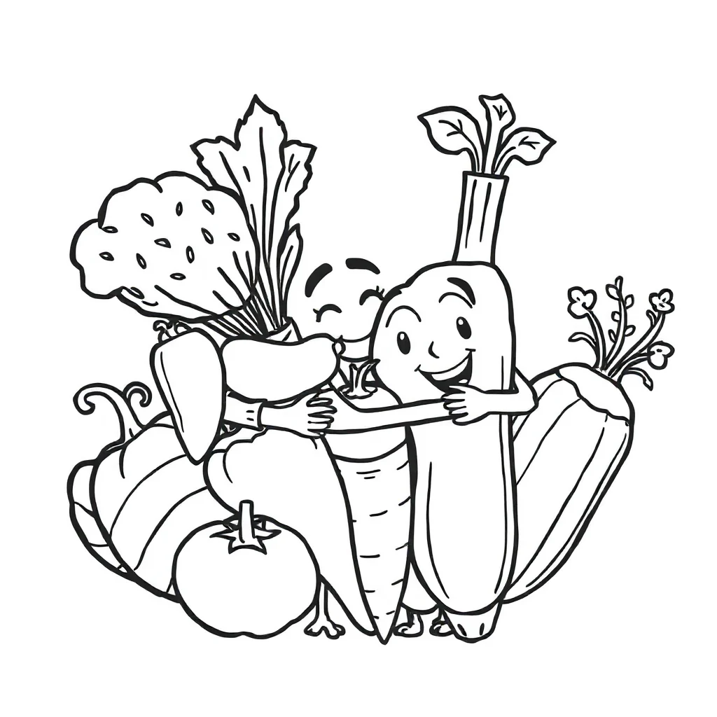 Vegetables a bunch of vegetables hugging a friend — easy vegetables coloring page