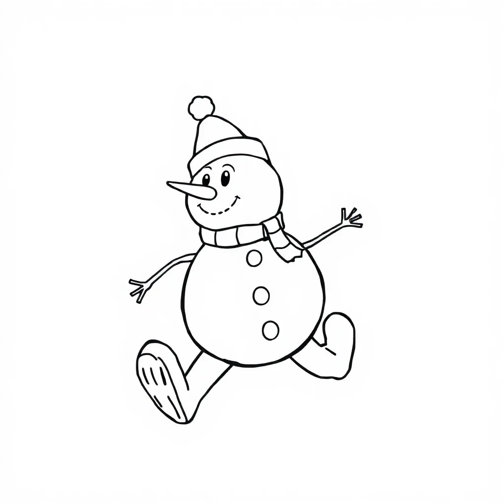 Winter a snowman running — easy winter coloring page