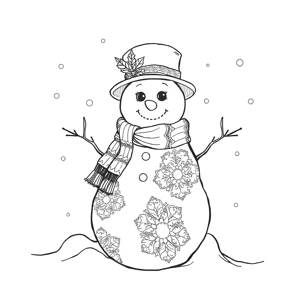Winter a snowman sitting — detailed winter coloring page