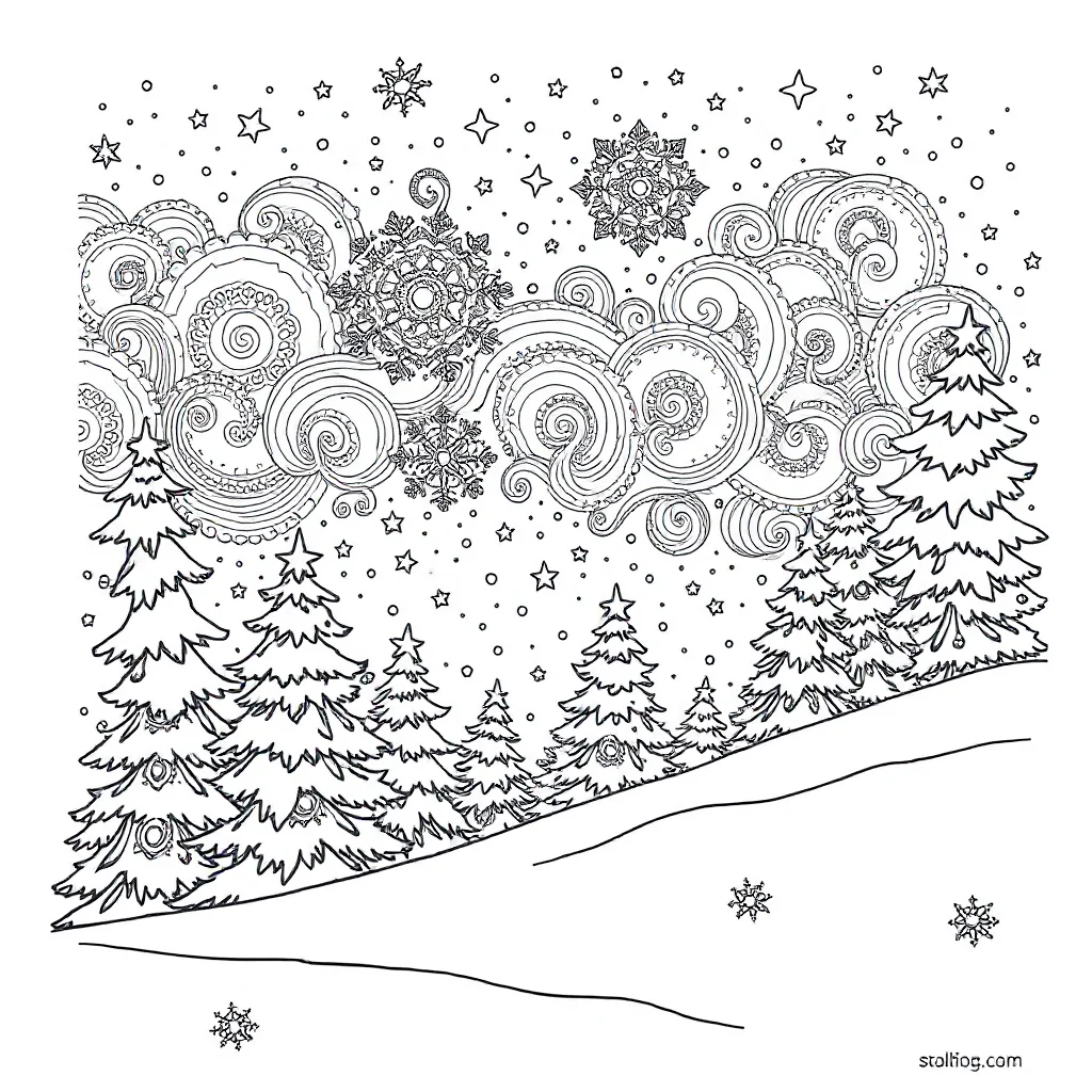 Winter a snowy scene under the night sky with stars — detailed winter coloring page