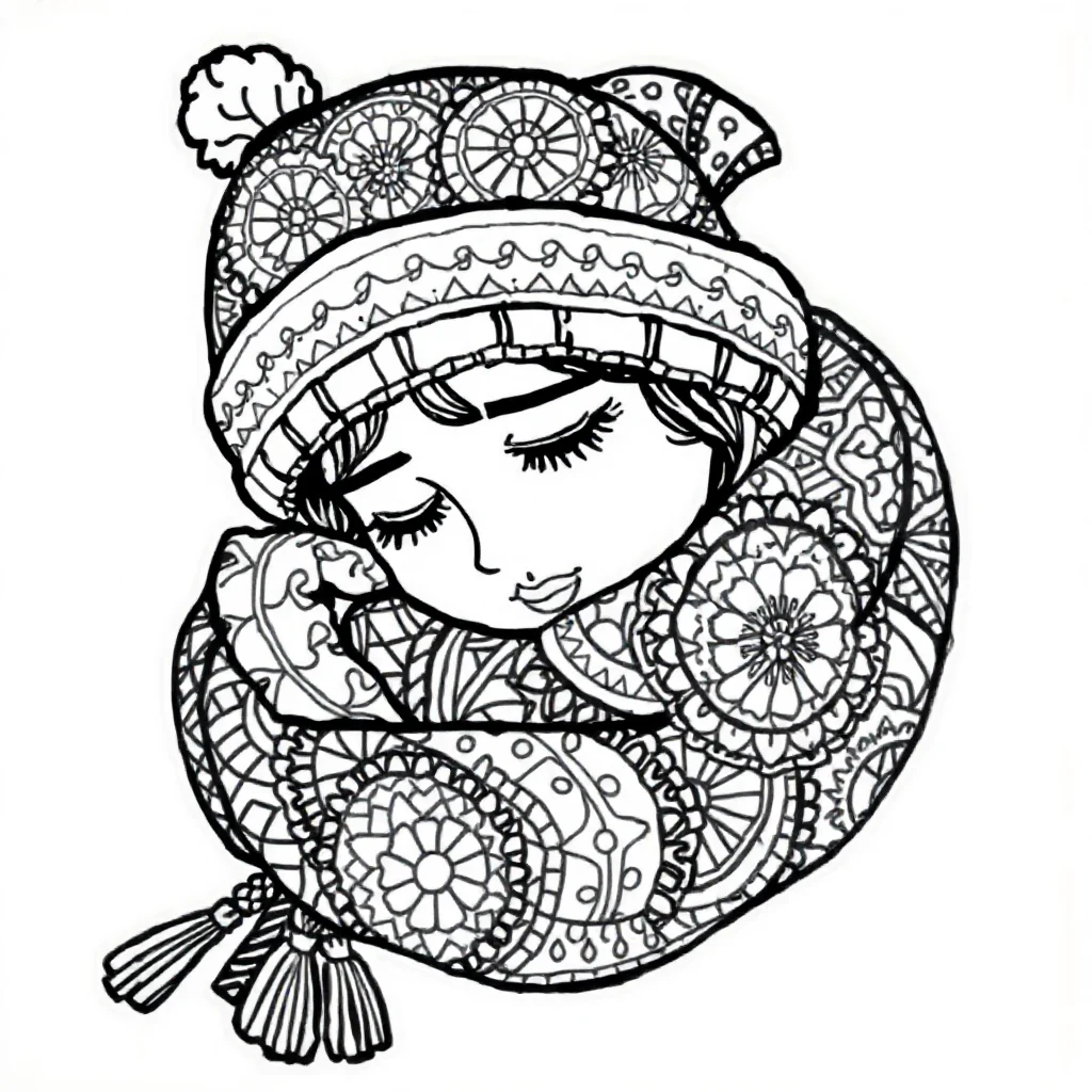 Winter a winter hat and scarf sleeping curled up — detailed winter coloring page