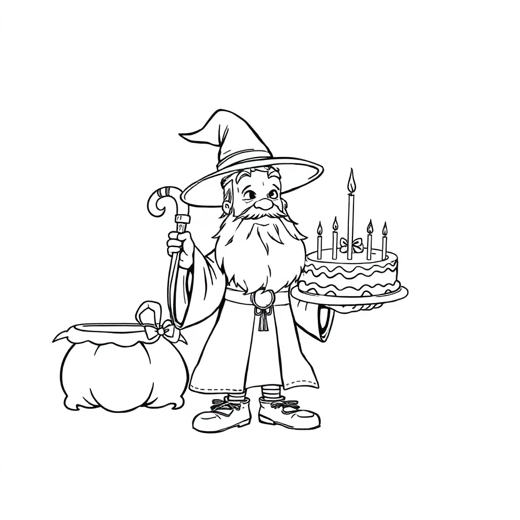 Wizards a friendly wizard celebrating a birthday — classic wizards coloring page (ages 5–10)