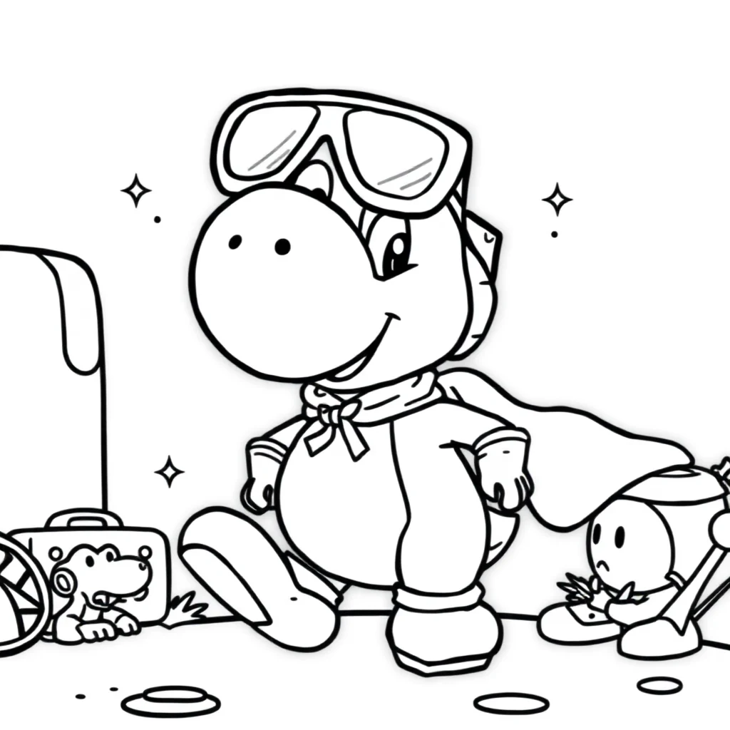 Yoshi a chibi yoshi smiling in a superhero cape — classic yoshi coloring page (ages 5–10)