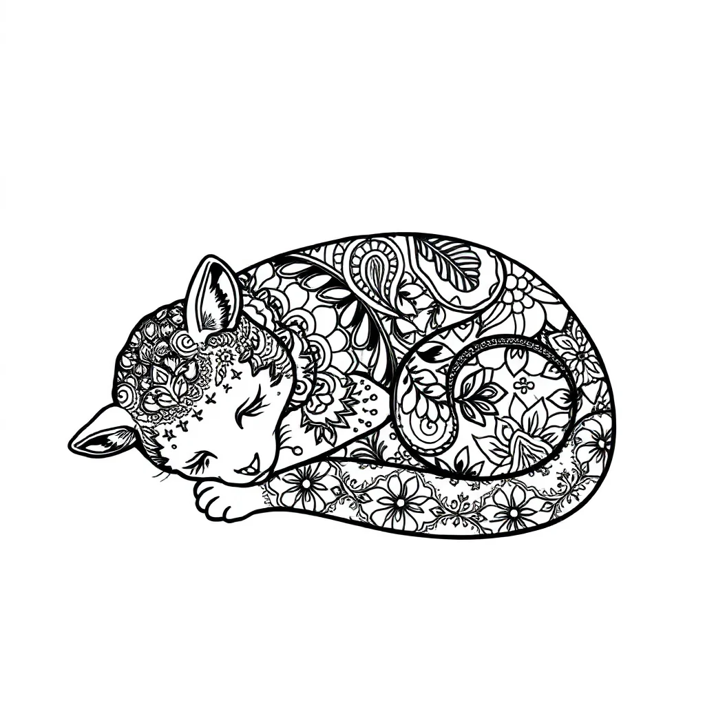 Zentangle a detailed doodle pattern sleeping curled up — detailed zentangle coloring page