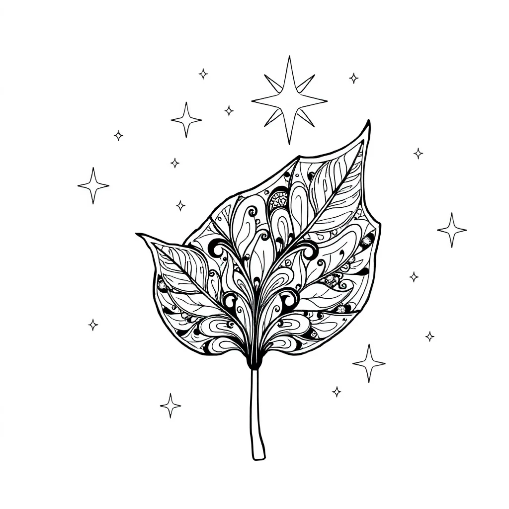 Zentangle a zentangle leaf under the night sky with stars — detailed zentangle coloring page