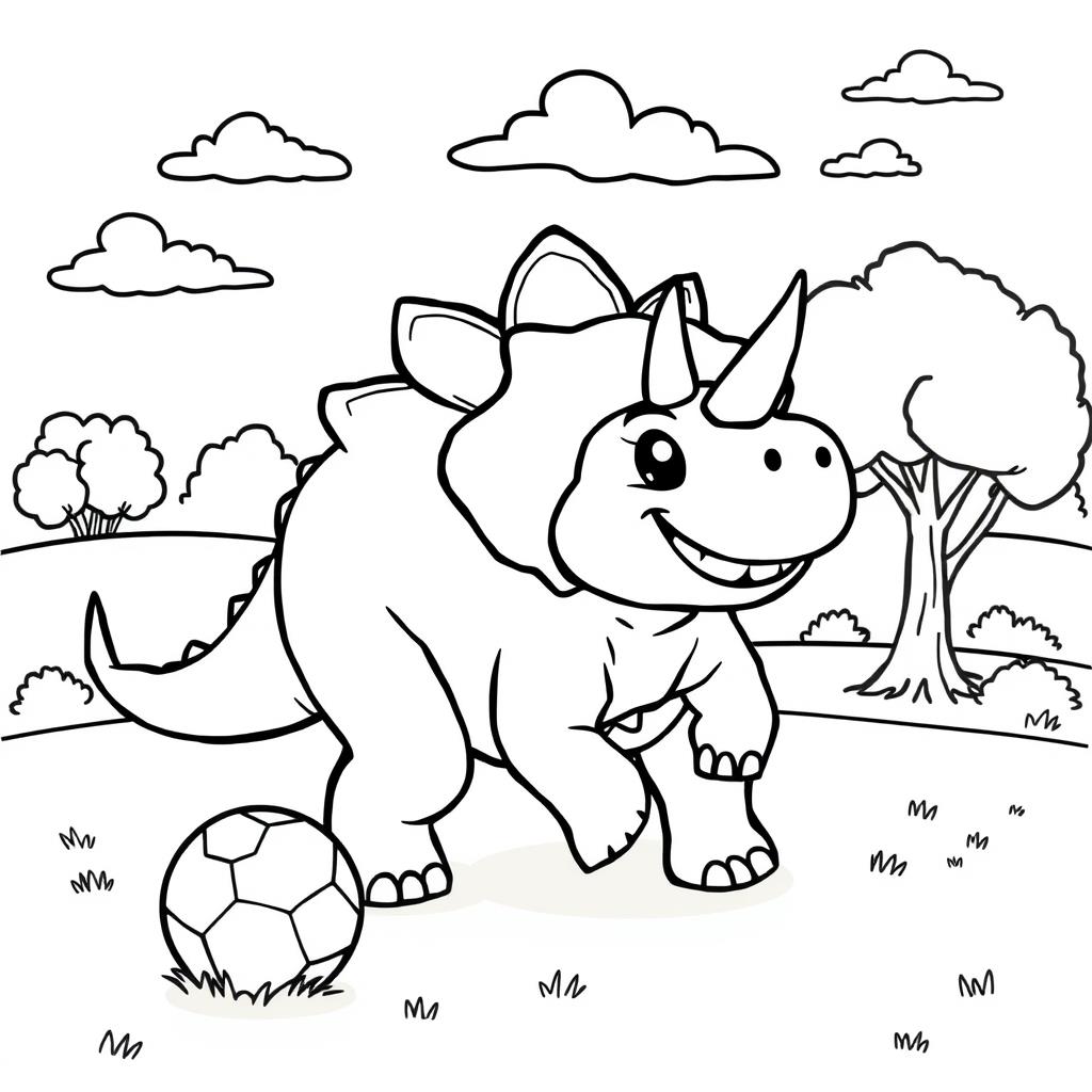 Cartoon dinosaur coloring page for ages 6-8 with a fun park scene