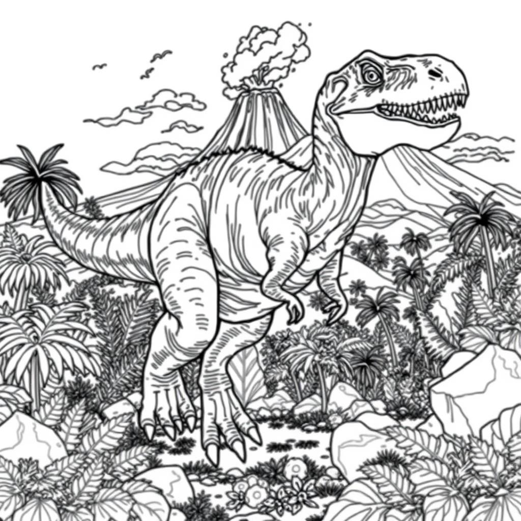 Detailed dinosaur coloring page for ages 9-12 with a prehistoric jungle scene